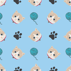 Baby kitten cat with yarn ball and footprint seamless pattern back ground.