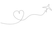 Airplane With Heart In Sky One Line Drawing Sketch Vector Illustration