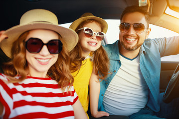 Wall Mural - happy   family  in summer auto journey travel by car on beach