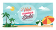 Hot summer sale promotional banner with tropical beach