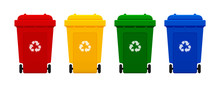 Bin Plastic, Four Colorful Recycle Bins Isolated On White Background, Red, Yellow, Green And Blue Bins With Recycle Waste Symbol, Front View Of Four Recycle Bin Plastic, 3r