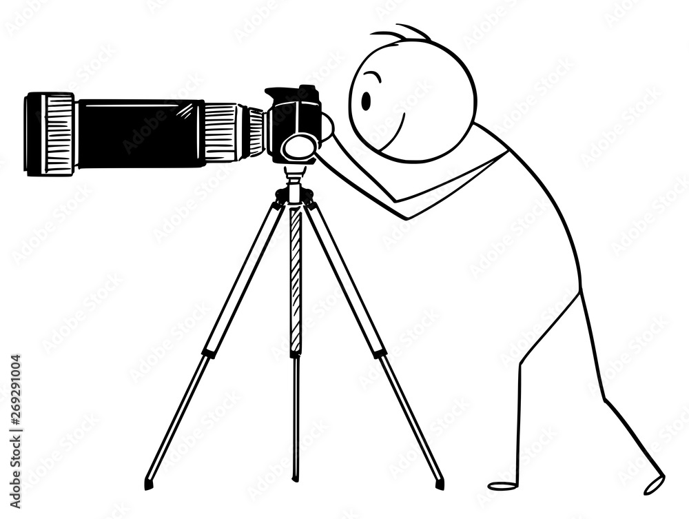 Vector cartoon stick figure drawing conceptual illustration of man or photographer taking photo with camera with big and long zoom or telephoto lens mounted on tripod.