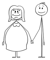 Wall Mural - Vector cartoon stick figure drawing conceptual illustration of heterosexual couple of overweight or obese woman and slim man holding hands.