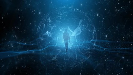 Wall Mural -  Virtual walking in 3d digital futuristic cyberspace network. 