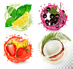 Wall Mural - Big group of fruit in juice splash icons. Mint and citron, coconut, peach and strawberry, blackberry. Vector Set