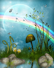 Magical Fairytale Landscape Under A Rainbow