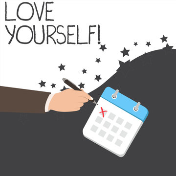 Text sign showing Love Yourself. Business photo text have selfrespect and the unconditional selfacceptance Male Hand Formal Suit Crosses Off One Day Calendar Red Ink Ballpoint Pen