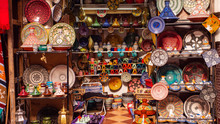 Traditional Moroccan Marrakech Market With Plates And Tajin Tagine. Handmade Ceramic Plates. Arabian Colorful Ramadan Design