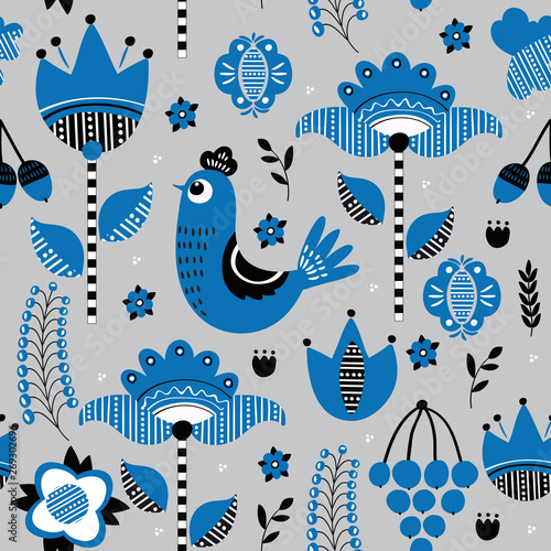 Cotton fabric Folk floral seamless pattern