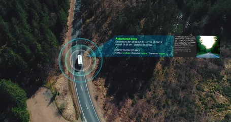 Wall Mural - helicopter shot of self driving trucks driving on a forest highway with technology assistant trackin