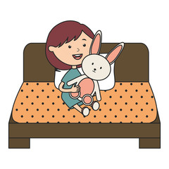 Poster - cute little girl with rabbit stuffed in the bed