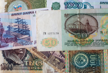 Russian ruble. Russian and Soviet money of different years. Money USSR. Cash. Background texture.