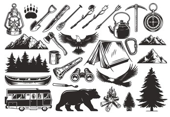 vintage monochrome camping elements set