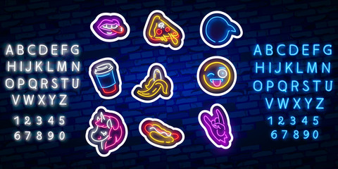 Wall Mural - Set of girls fashion cute neon patches. Pop art stickers. Pop art patches, pins, and badges. Neon sign, emblem. pizza, coffee, banana, smile, lips, tongue, unicorn, sausage, speech bubbles