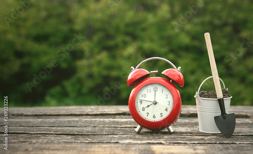 Red Alarm Clock Bucket With A Soil And A Shovel On A Garden