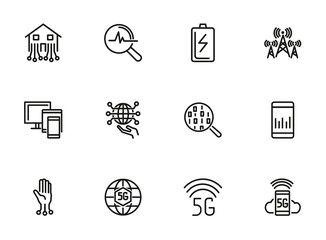 5G internet line icon set. Smartphone, globe, signal analysis. Communication concept. Can be used for topics like technology, connection, telecommunication