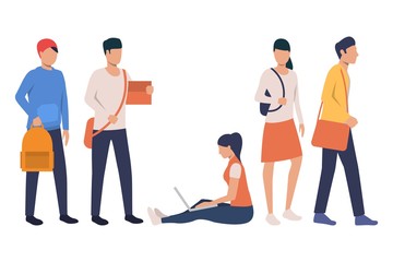 Wall Mural - Collection of modern college students with bags. Group of young people in casual outfits. Vector illustration for high school, presentation, studying