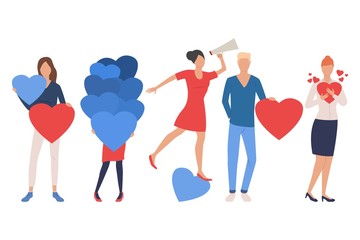 Wall Mural - Set of men and women in love. People using loudspeaker and holding hearts. Love concept. Vector illustration can be used for topics like dating or romance