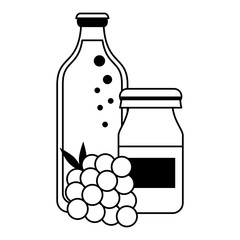 Wall Mural - Grapes juice bottles and fruit cartoon in black and white