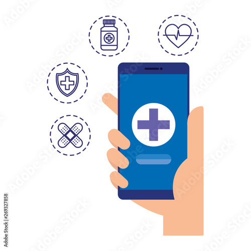 Fotomural hand using smartphone with telemedicine icons