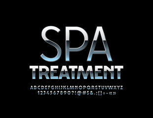 Vector silver sigh Spa Treatment. Reflective elegant Font. Metallic shiny Alphabet Letters, Numbers and Symbols 