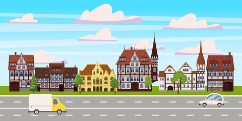 Wall Mural - Cityscape, panorama horizontal view, old buildings architecture, road highway cars