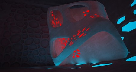 Abstract  Concrete Futuristic Sci-Fi interior With Red And Blue Glowing Neon Tubes . 3D illustration and rendering.