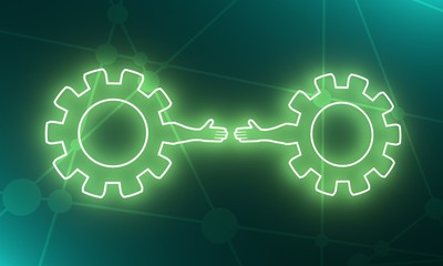 Wall Mural - Politic and economic relationship metaphor. Cog wheels with human arms. 3D rendering