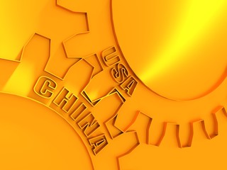 Wall Mural - Mechanism of Gears. Communication Concept in Industrial Design. Modern brochure design template. Web Banner, Layout Template. Politic and economic relationship between USA and China. 3D rendering