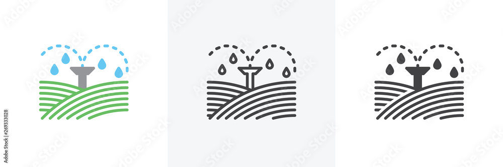 Irrigation sprinklers icon. Line, glyph and filled outline colorful version, field automatic sprinkler outline and filled vector sign. Symbol, logo illustration. Different style icons set - obrazy, fototapety, plakaty 