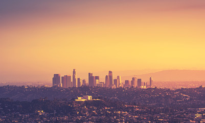 Downtown Los Angeles skyline at sunset