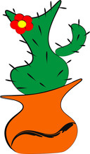 Cactus With A Flower In An Orange Vase
