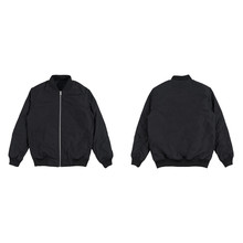 Blank Plain Bomber Jacket Isolated On White Background. Black Bomber Jacket. Parachute Jacket. Front And Back View. Ready For Your Mock Up Design Project.