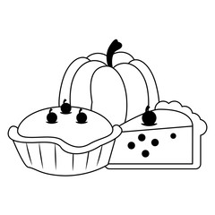 Wall Mural - Thanksgiving day food cartoons isolated in black and white