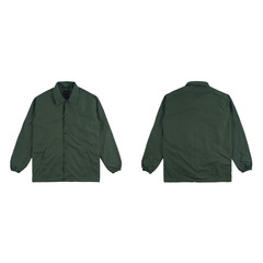 Blank plain windbreaker jacket green color front and back side view isolated on white background. ready for your mock up design project.