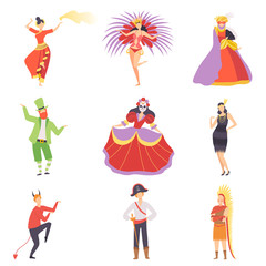 Sticker - People in Bright Festival Costumes Set, Masquerade Ball, Carnival Party Design Element Vector Illustration