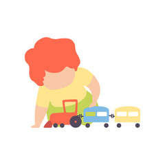 Poster - Cute Little Boy Sitting on Floor Playing with Toy Train Vector Illustration