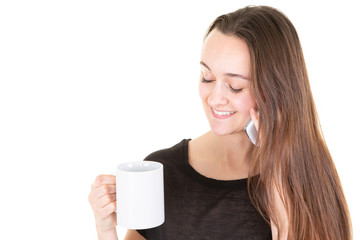 Wall Mural - Young woman with coffee tea mug have conversation on smart phone on white background