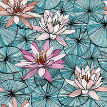 Seamless Blue Pattern With Water Lilies.