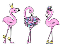 Vector Cute Pink Flamingos Set With Crown And Flowers.