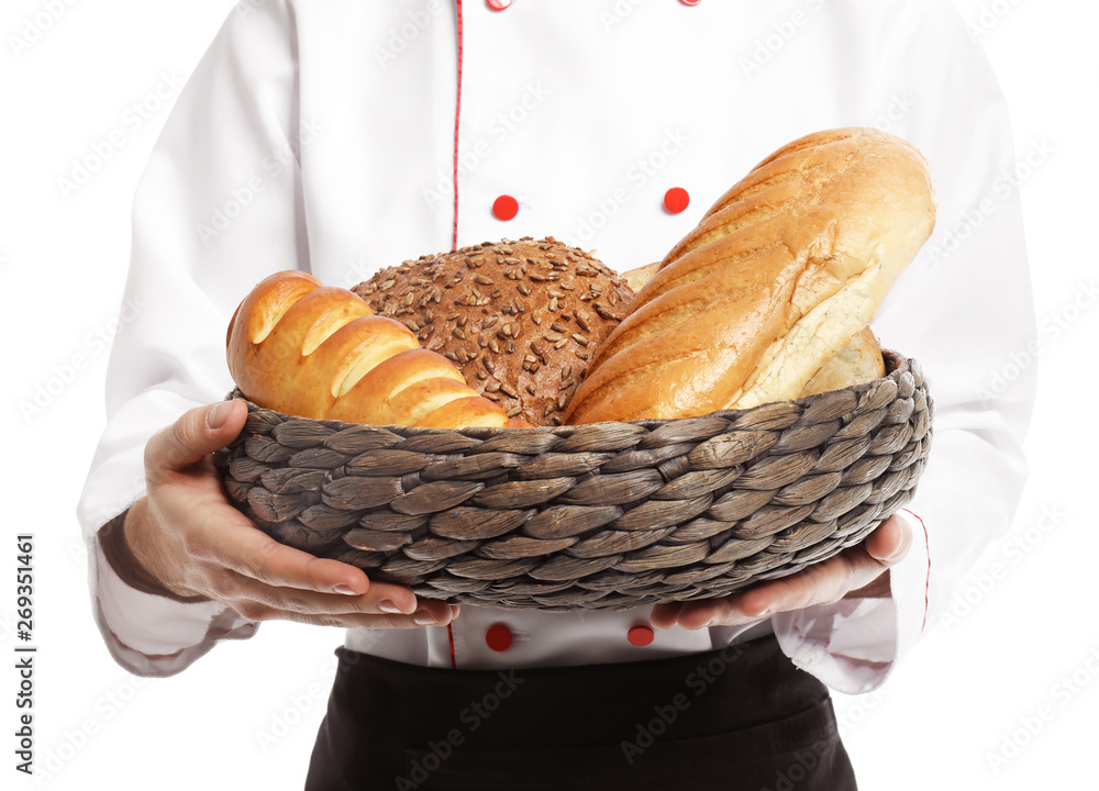 Chef with fresh bread on white background, closeup