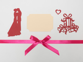 Wall Mural - Greeting card with couple in love, gift and pink ribbon with bow. Ivory record place. Love relationship concept