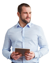 Wall Mural - Young man with tablet isolated on white background