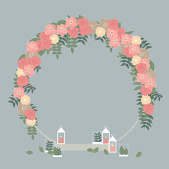 Wedding circle arch with pink flowers. Vector illustration.