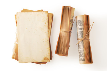 Old book paper and book roll on white background