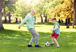 © Syda Productions - family, generation, game, sport and people concept - happy grandfather and grandson playing football at summer park
