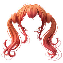 Beautiful Female Style Of Vintage Fashion. Curly Hair Salon Hairstyles. Concept Trendy Hairstyle With Two Long Wavy Tails. Hairstyle Silhouette. Long Red Hair With Bangs. 3D Render On White Background