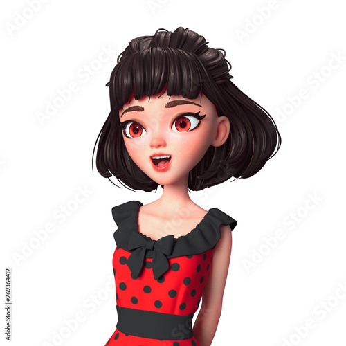 3d Cartoon Character Of A Brunette Girl With Big Brown Eyes