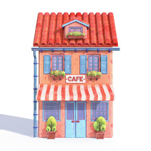 3d Render Of Cute Cartoon European House In A Watercolor Style On White Background. Illustration Of Cozy Cafe With Red Roof Tiles And A Red-white Striped Awning. Red House With Blue Shutters And Door