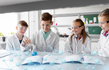 Wall Mural - education, science, chemistry and children concept - kids or students with test tube making experiment at school laboratory